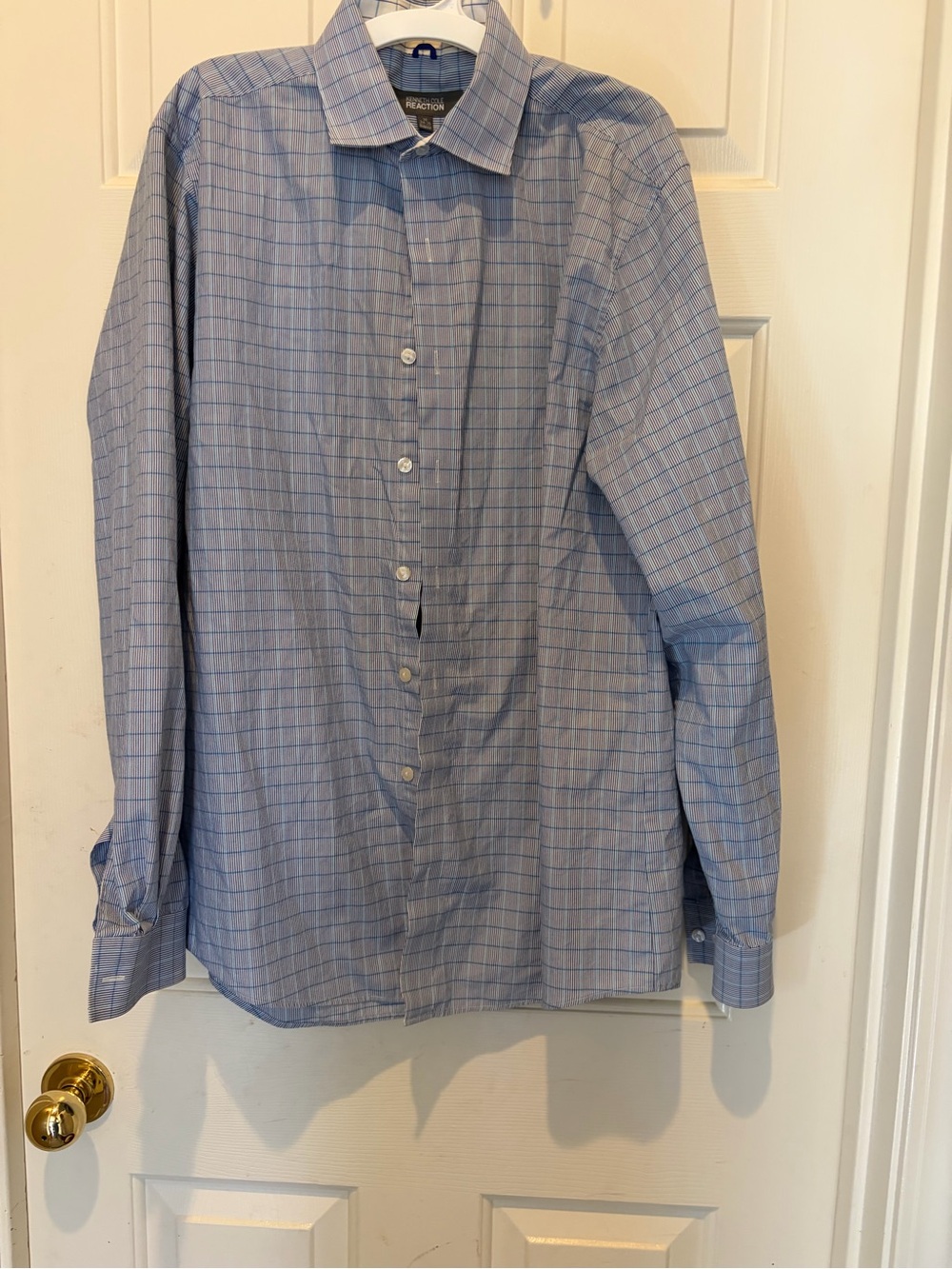 Kenneth Cole Reaction White and Blue Striped Dress Shirt - slim fit, large